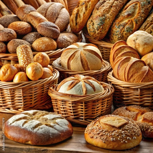 A variety of freshly baked bread displayed on wicker baskets in a rustic setting. Generative AI