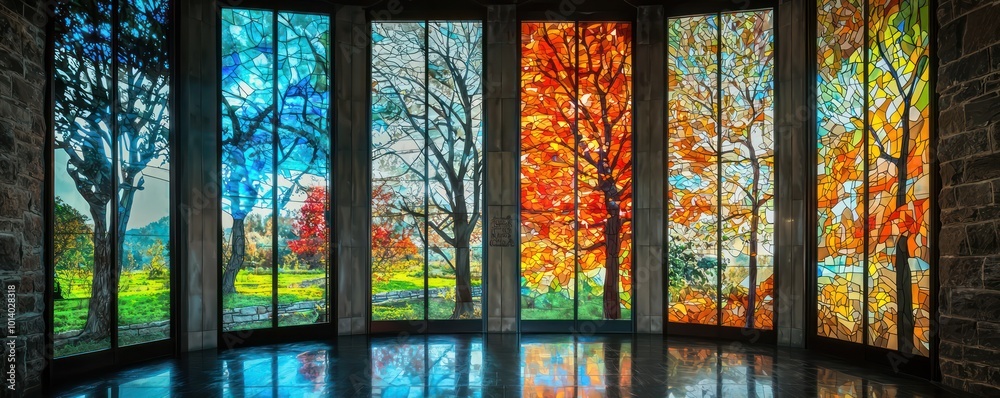A sequence of custom-made, elongated window panels, each featuring a stained glass portrayal of different seasons, installed in a chapel to enhance the natural light effects A sequence of custom-made, elongated window panels, each featuring a stained glass portrayal of different seasons, installed in a chapel to enhance the natural light effects