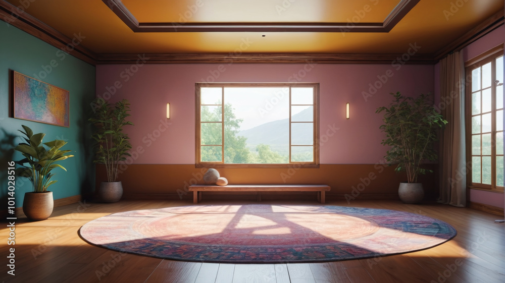 Fototapeta premium Within the tranquil confines of a meditation room, practitioners find solace in the simplicity of silent sitting and contentment, Generative AI