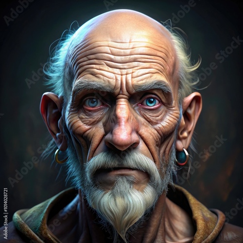 An elderly male character with a bald head and a white beard presents a wise expression