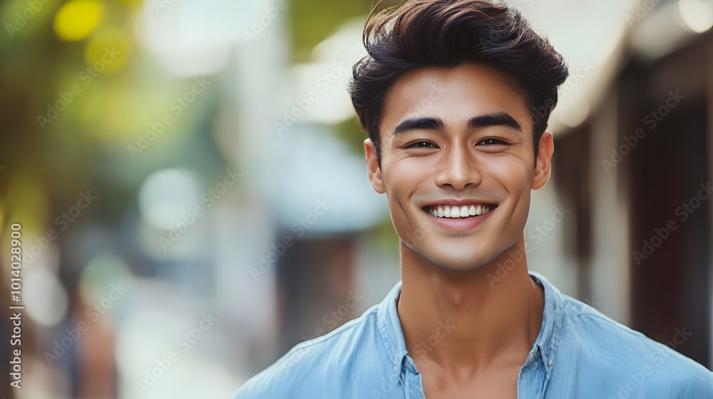 Fototapeta premium Portrait of a young handsome Asian man with a plain background, emphasizing his striking features and confident presence