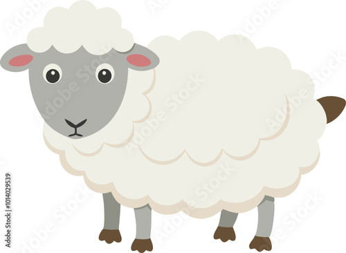 Cartoon white sheep with fluffy wool, standing calmly, illustrated in a playful style