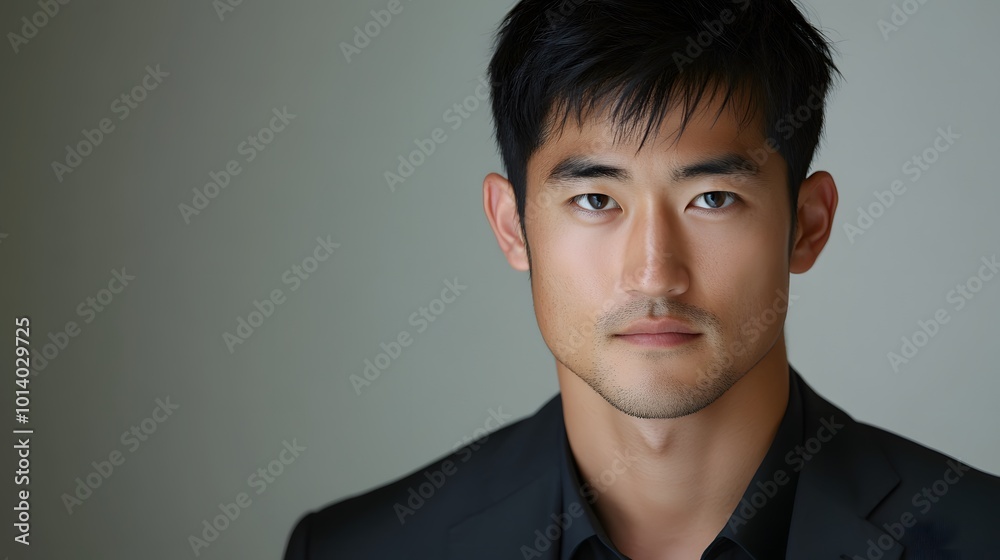 Portrait of a young handsome Asian man with a plain background, emphasizing his striking features and confident presence Portrait of a young handsome Asian man with a plain background, emphasizing his striking features and confident presence