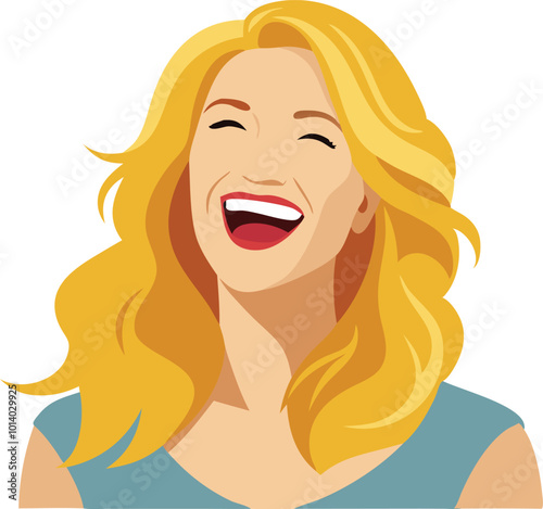 Cheerful blonde woman laughing with joy, depicted in a playful cartoon illustration