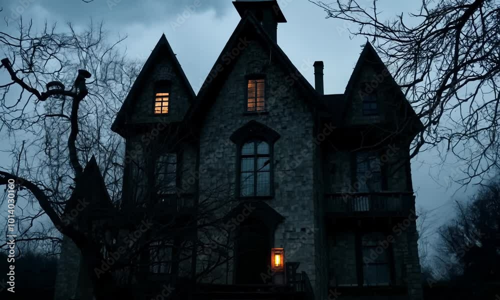 Creepy house with a dark and eerie atmosphere. The house is lit up with a light inside, but the rest of the house is dark. hyperrealistic Video Creepy house with a dark and eerie atmosphere. The house is lit up with a light inside, but the rest of the house is dark. hyperrealistic Video
