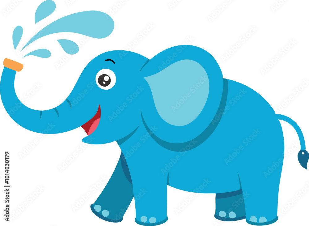 Blue cartoon elephant spraying water, depicted in a fun and playful illustration Blue cartoon elephant spraying water, depicted in a fun and playful illustration