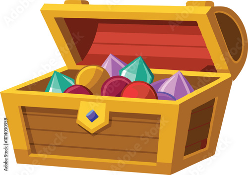 Treasure chest filled with colorful gems, depicted in a bright and playful cartoon illustration