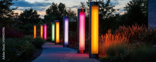 A series of vertical light installations, each emitting a different color, aligned along the pathway of a modern art garden to guide visitors during evening hours
