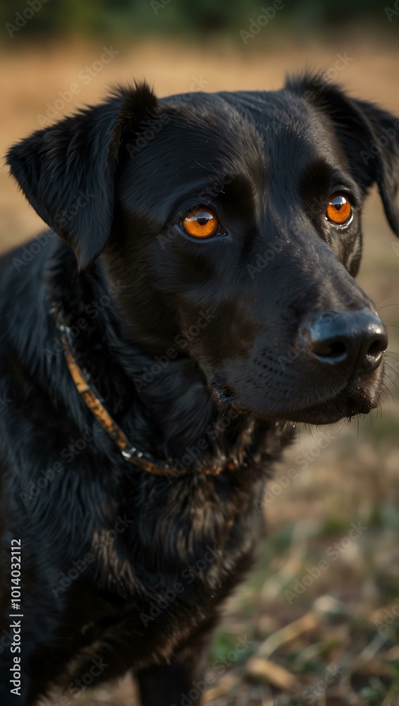 Black dog with amber eyes, staring intently. Black dog with amber eyes, staring intently.