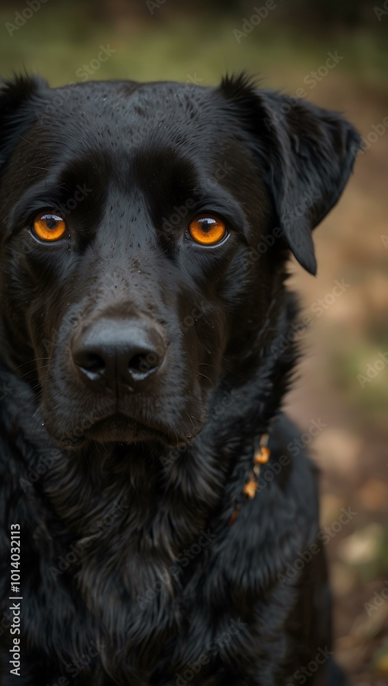 Black dog with amber eyes, staring intently. Black dog with amber eyes, staring intently.