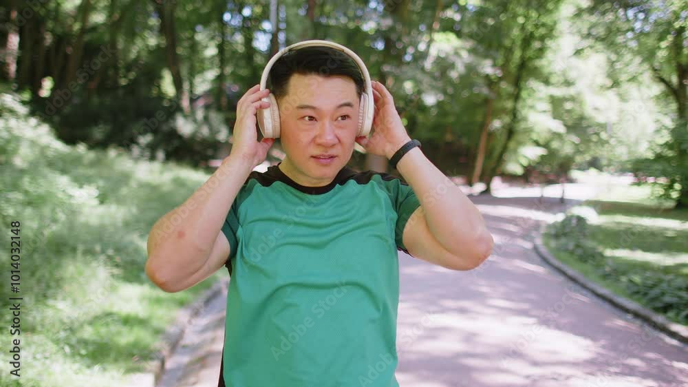 Happy young Japanese man put on wireless modern headphones earphones. Runner jogger guy sport male run running in park outdoors enjoy music listening song audio jogging healthy lifestyle fitness. Happy young Japanese man put on wireless modern headphones earphones. Runner jogger guy sport male run running in park outdoors enjoy music listening song audio jogging healthy lifestyle fitness.