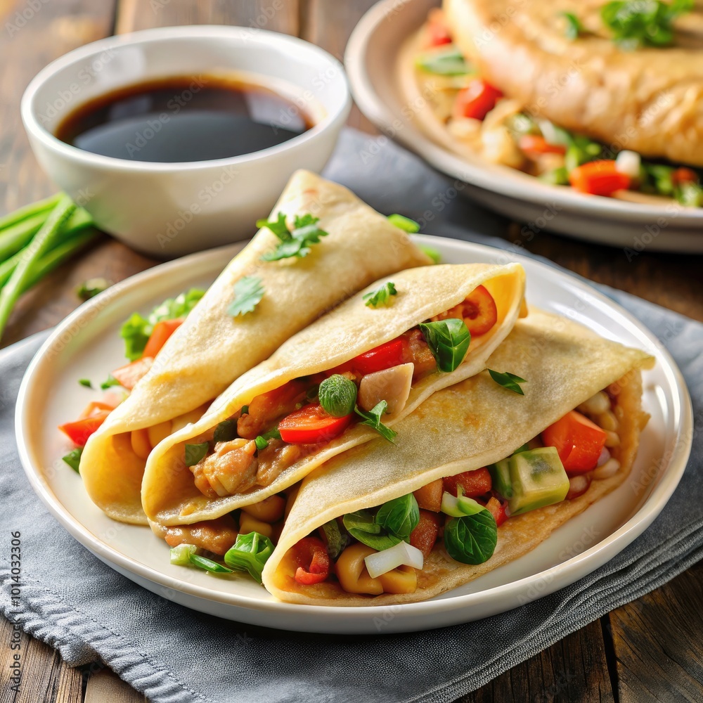 Thin rice flour pancakes filled with fresh vegetables on a plate served with sauce. Generative AI Thin rice flour pancakes filled with fresh vegetables on a plate served with sauce. Generative AI