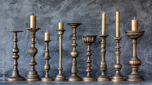 Wallpaper Mural A set of vintage brass candlesticks of various heights, each with an ornate, weathered patina Torontodigital.ca