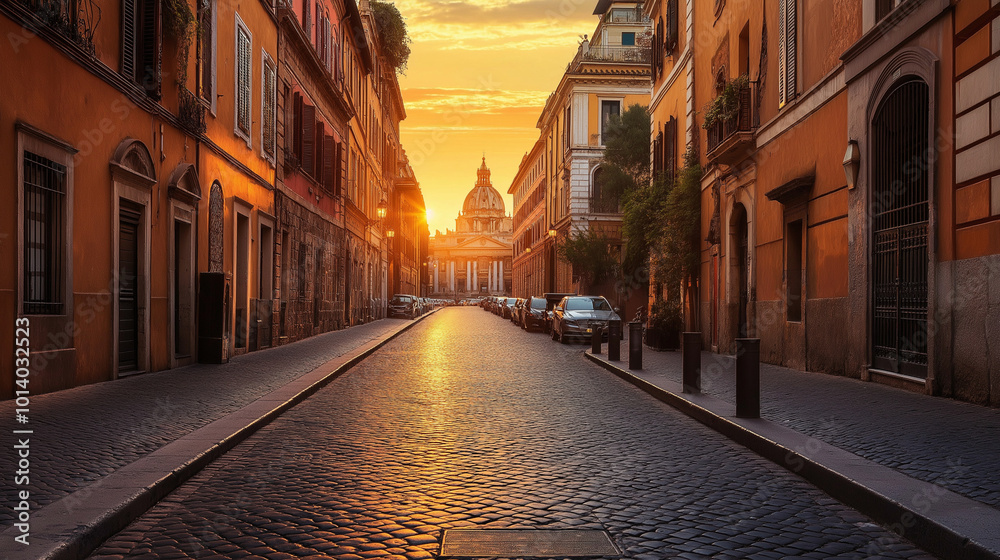 Historic European city with cobblestone streets and ancient architecture at sunset. Generative AI Historic European city with cobblestone streets and ancient architecture at sunset. Generative AI