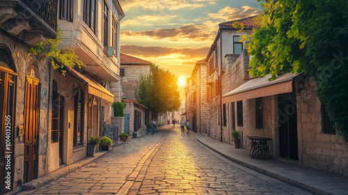 Fototapeta Naklejka Na Ścianę i Meble -  Historic European city with cobblestone streets and ancient architecture at sunset. Generative AI