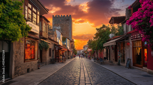 Historic European city with cobblestone streets and ancient architecture at sunset. Generative AI