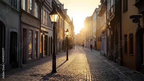 Fototapeta Naklejka Na Ścianę i Meble -  Historic European city with cobblestone streets and ancient architecture at sunset. Generative AI