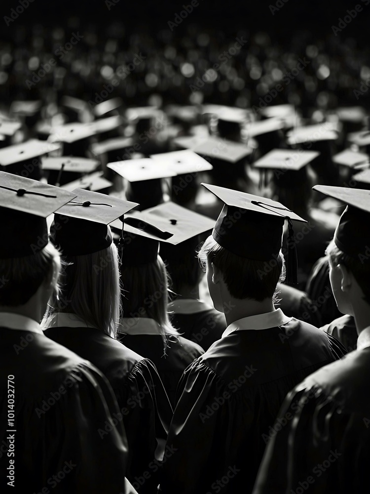 Black-and-white silhouettes of graduates in caps. Black-and-white silhouettes of graduates in caps.
