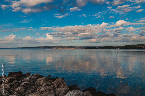 Krk Croatia Panoramic view of the sea and hills from the city beach