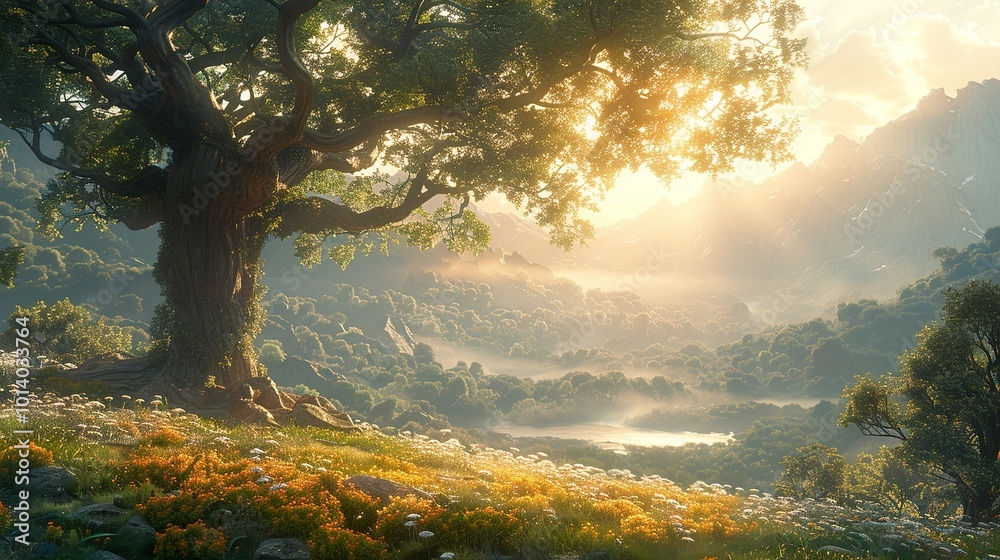 Sunlit Mountain Meadow with Fog and Wildflowers Sunlit Mountain Meadow with Fog and Wildflowers