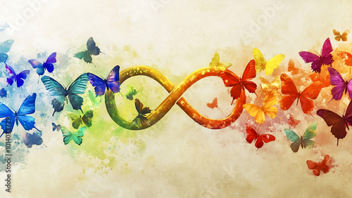 A representation of the autism symbol - infinity signs, stylized to resemble butterflies. Vibrant rainbow gradient.