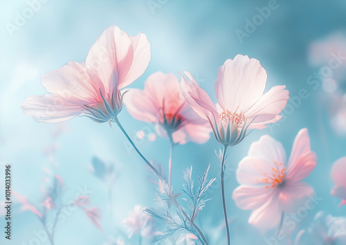 Close Up of Pink Cosmos Flowers with Semi Translucent Petals