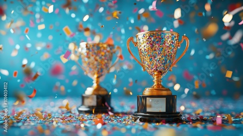 Two gold trophies with confetti falling around them against a blue background. photo