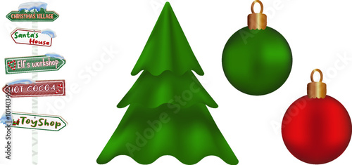Christmas vector set elements Red 3d realistic christmas ornaments red green road sign Pine tree Xmas isolated toys Holiday design decoration New year colection Winter element Decor