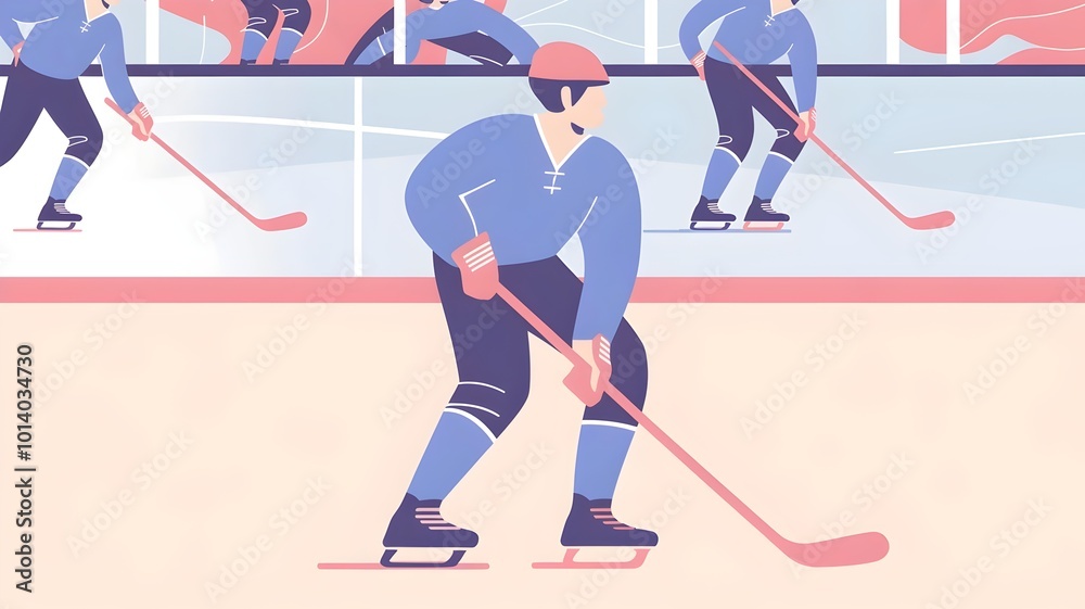 Fototapeta premium Pastel illustration of ice hockey player in blue uniform holding stick on rink with other players in soft tones
