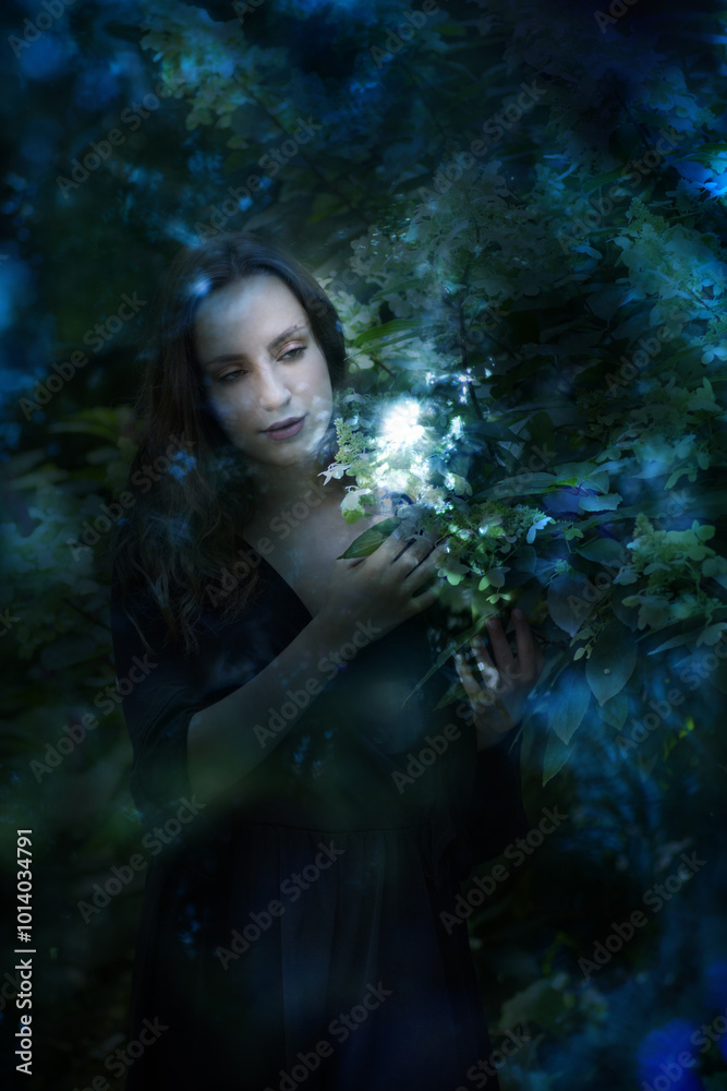 Mysterious Woman holding Hortensia Flowers Mysterious Woman holding Hortensia Flowers