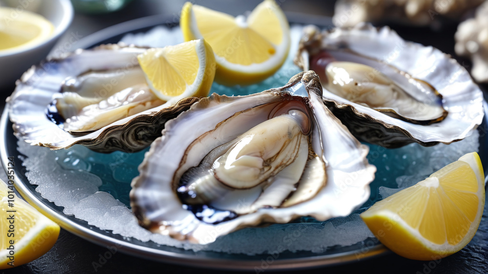 Fresh oysters on ice, briny taste of the sea, lemon wedge, elegant appetizer choice, Generative AI Fresh oysters on ice, briny taste of the sea, lemon wedge, elegant appetizer choice, Generative AI