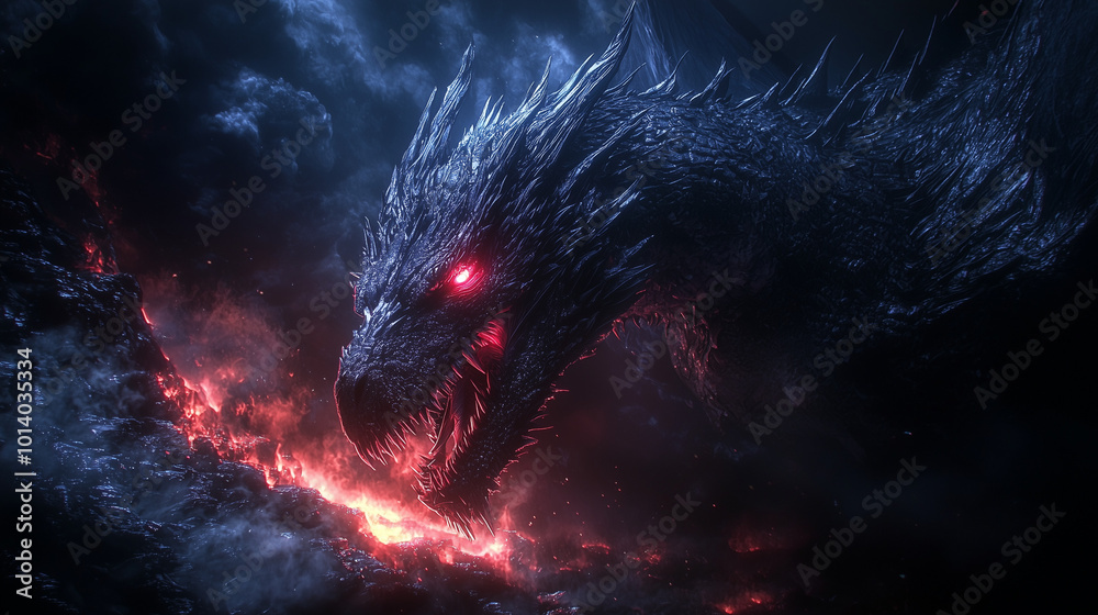 Fototapeta premium ferocious black dragon exhales smoke and ash, its fiery gaze piercing the dark night
