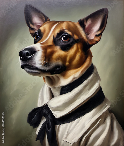 Victorian Oil Painting Of A dog wearing a rather fetching ivory shirt