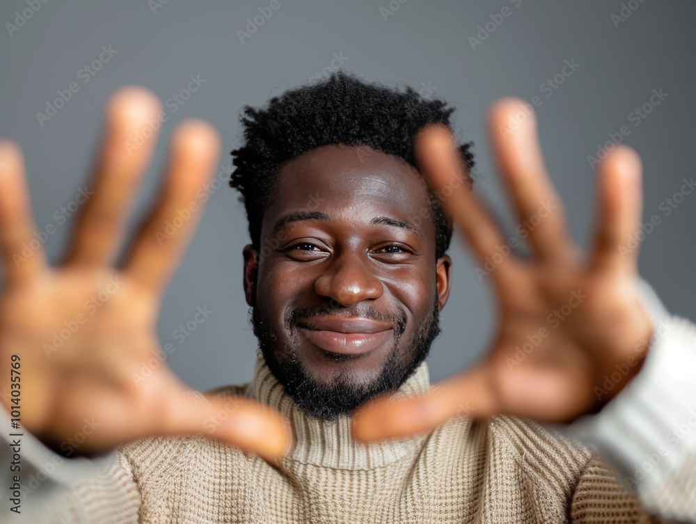 A young man with a smile on his face is holding his hands up in a gesture of pea, generative ai image A young man with a smile on his face is holding his hands up in a gesture of pea, generative ai image