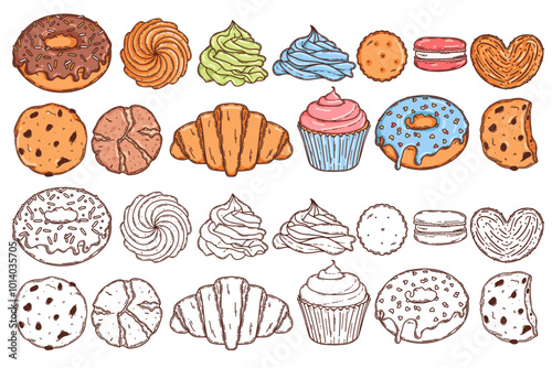 Macaron and cheesecake, cookie, croissant, cupcake and donut with glaze icing dessert vector coloring page for coloring book. Bake sweet dessert