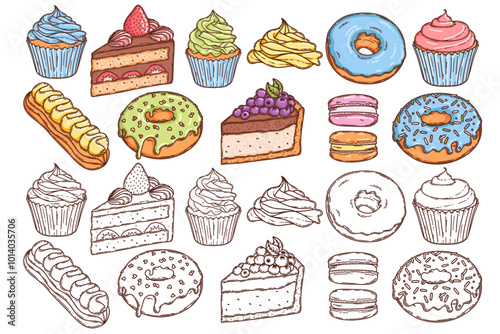 Macaron and cheesecake, meringue, eclair, cupcake and donut with glaze icing dessert vector coloring page for coloring book. Bake sweet dessert