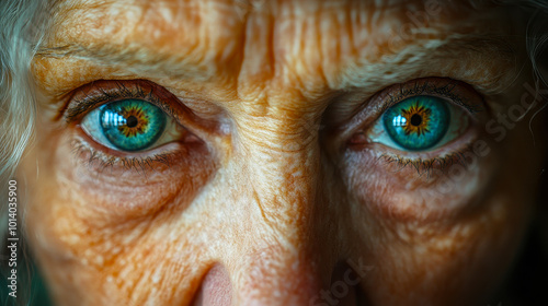 Detailed Close-up of Elderly Woman's Eyes with Deep Wrinkles and Expressive Gaze Highlighting Age, Wisdom, and Emotion photo