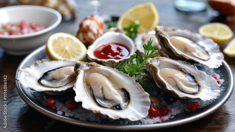 Raw oysters with mignonette sauce, tangy and refreshing, classic pairing, elegant presentation, Generative AI Raw oysters with mignonette sauce, tangy and refreshing, classic pairing, elegant presentation, Generative AI