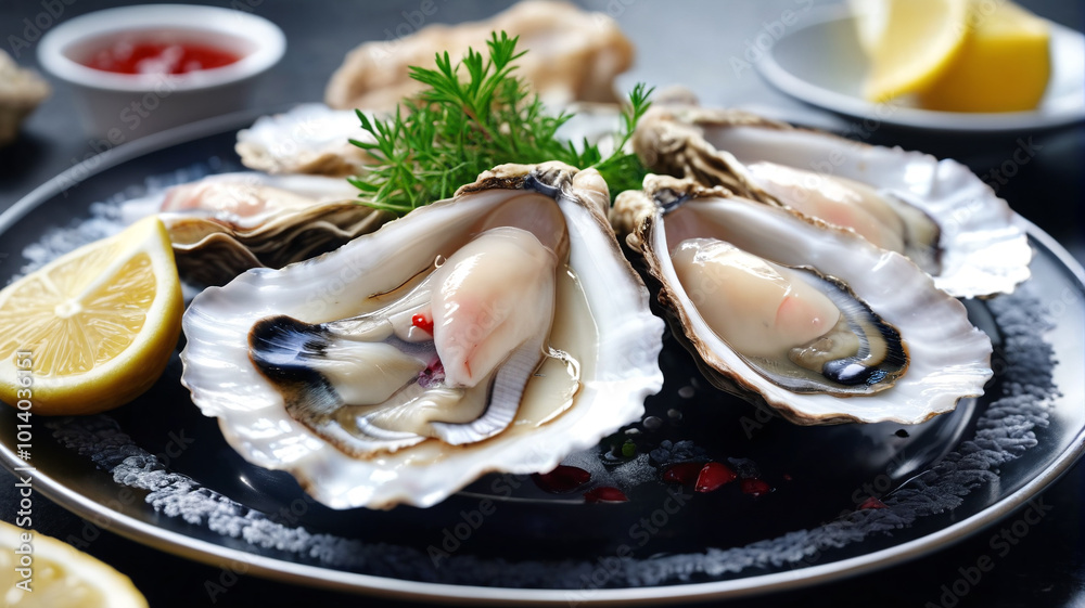 Raw oysters with mignonette sauce, tangy and refreshing, classic pairing, elegant presentation, Generative AI Raw oysters with mignonette sauce, tangy and refreshing, classic pairing, elegant presentation, Generative AI