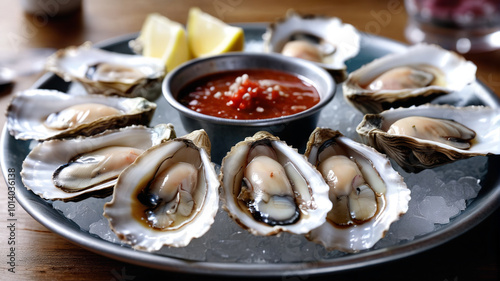 Raw oysters with mignonette sauce, tangy and refreshing, classic pairing, elegant presentation, Generative AI