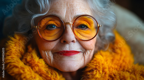 Joyful Elderly Woman with Bright Makeup and Circular Glasses Embracing Fun - Kidulthood Concept photo