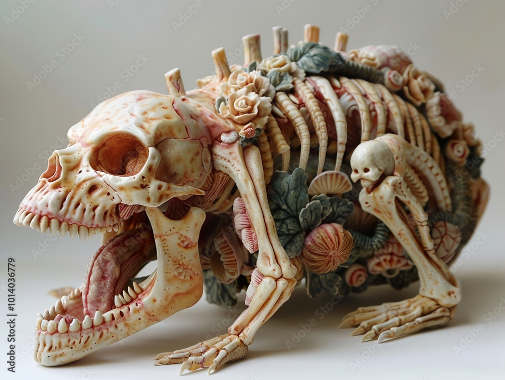 Detailed Skull Sculpture with Floral and Shell Accents Detailed Skull Sculpture with Floral and Shell Accents