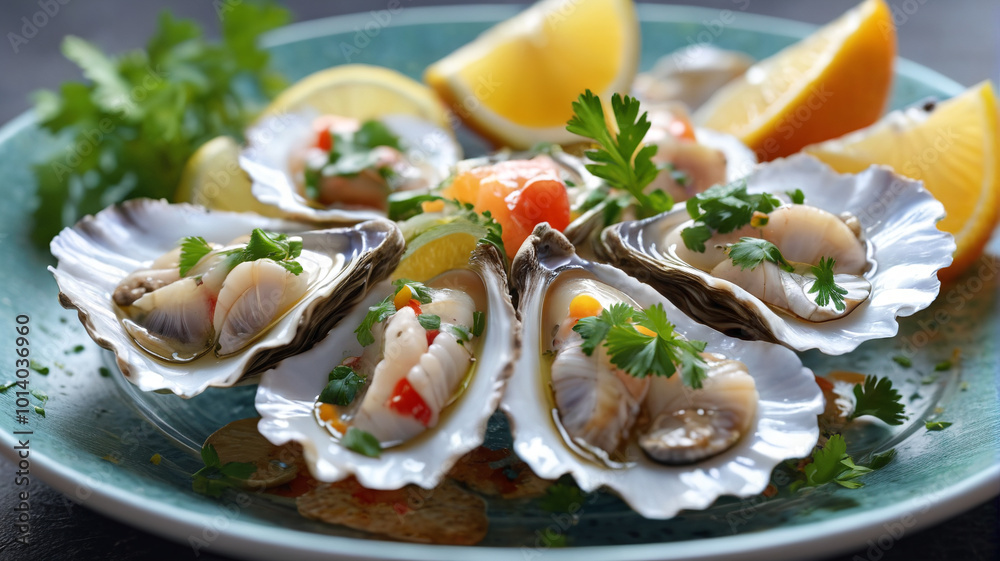 Oyster ceviche with citrus and cilantro, fresh and zesty, Latin-inspired twist, refreshing appetizer, Generative AI Oyster ceviche with citrus and cilantro, fresh and zesty, Latin-inspired twist, refreshing appetizer, Generative AI