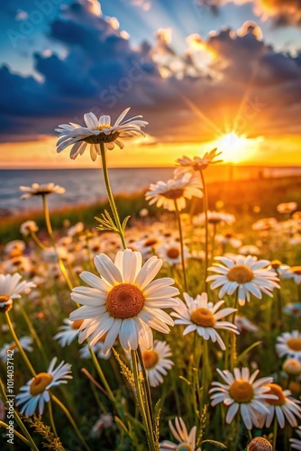 A close-up of a chamomile flower in a field lit by the last bright rays of the setting sun. Rural landscapes. Summer time.