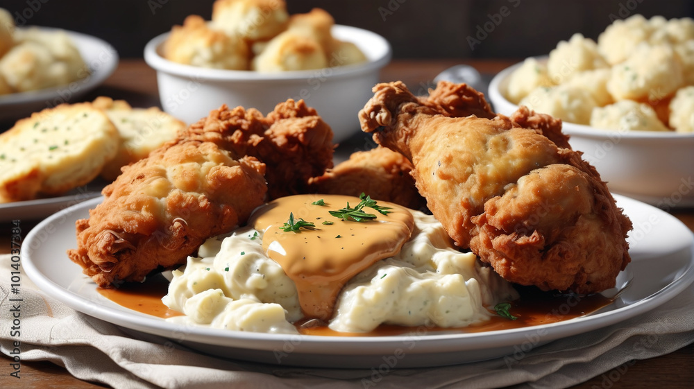 Crispy fried chicken dripping with savory gravy, served with creamy mashed potatoes and buttery biscuits, a hearty Southern feast, Generative AI Crispy fried chicken dripping with savory gravy, served with creamy mashed potatoes and buttery biscuits, a hearty Southern feast, Generative AI