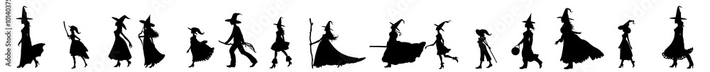 Obraz premium Cartoon Witch Silhouettes in a Line - Banner