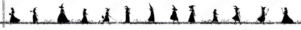 Cartoon Witch Silhouettes in a Line - Banner Cartoon Witch Silhouettes in a Line - Banner