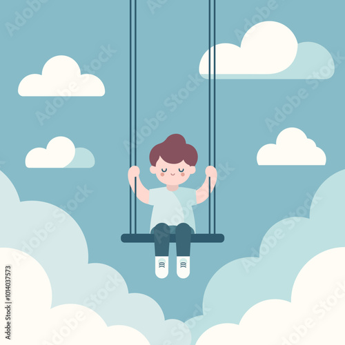 Vector illustration of a boy riding a swing among clouds in a flat style. Illustration for children's books, stories and fairy tales