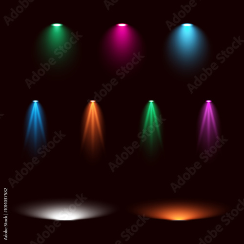 Vector illustration of bright illumination with spotlights of different colors, light sources isolated on dark background