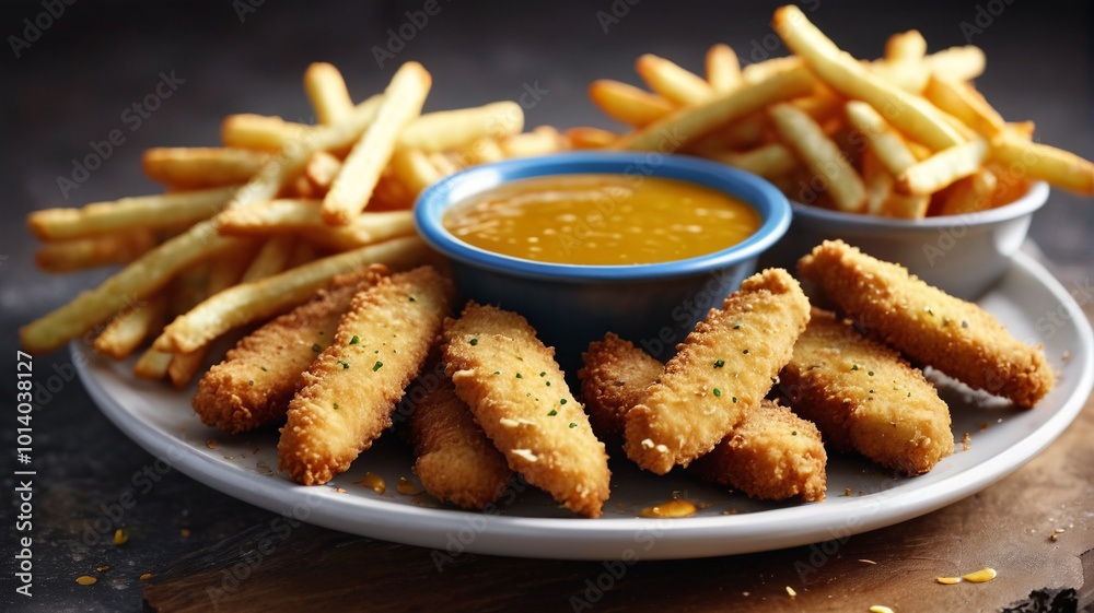 Crunchy chicken tenders coated in seasoned breadcrumbs, served with a side of tangy honey mustard dipping sauce and crispy fries, a satisfying meal for fast food lovers, Generative AI Crunchy chicken tenders coated in seasoned breadcrumbs, served with a side of tangy honey mustard dipping sauce and crispy fries, a satisfying meal for fast food lovers, Generative AI